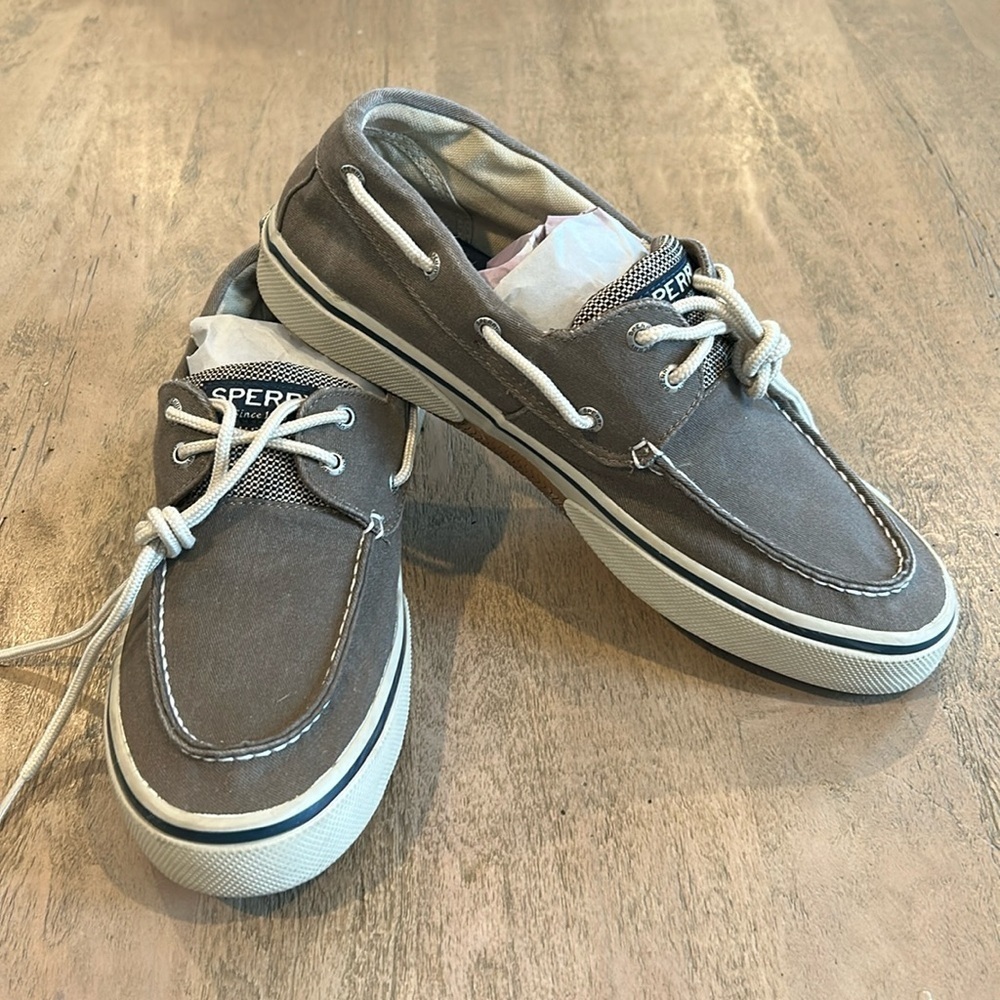Sperry topsiders brown canvas, size 10.  Very minimal wear.